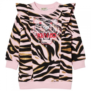 Kenzo Kids Pink Tiger Print Frill Shoulder 스웨터 원피스
