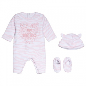 Kenzo Kids 핑크 타이거 프린트 저지 Babygrow, 모자