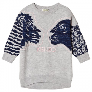 Kenzo Kids Grey Flocked Tiger and Friends 스웨트 드레스