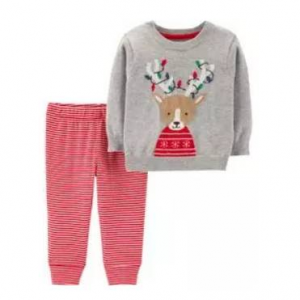 2-Piece Reindeer 스웨터 & 스트라이프 바지 세트