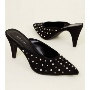 Black Suedette Studded Kitten Heel Mules