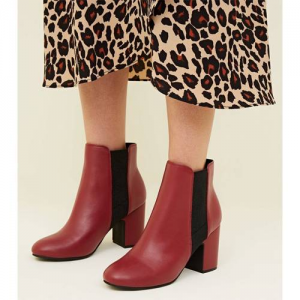 Red Leather-Look Block Heel Chelsea Boots