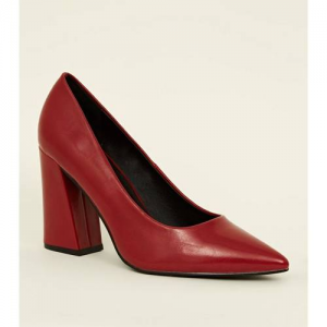 Red Pointed Flare Block Heels