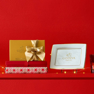 Godiva Tray with Gold Gift Box Set with Gold Ribbon