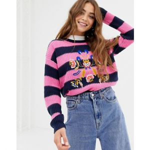 Brave Soul bouquet stripe jumper with embroidery