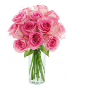 Kabloom Bouquet of 12 Fresh Pink Roses (Farm-Fresh, Long-Stem) with Vase