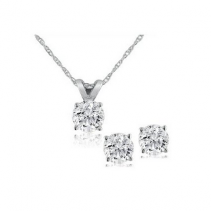 Pompeii3 Diamond Solitaire Necklace & Studs Earrings Set 1/2 Carat (Ctw) 14K White Gold