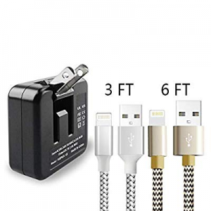 USB Wall Charger, 2.4A 12W Rapid Dual USB Travel Wall Charger with 2 Pack 3FT 6FT Charging Cable