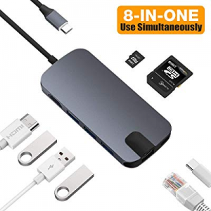 Capshi USB-C HUB Multiport USB C Adapter, 8-in-1 Type-C Dongle USBC Thunderbolt 3 Dock Portable with