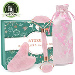 Rose Quartz Jade Roller for Face 2 in 1 Gua Sha Set, 100% Real Quartz Anti Aging Face Eye Neck Stone