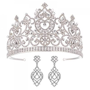 SSNUOY Silver Tiaras and Crowns with Earrings for Bridal Rhinestone Headpiece Prom Queen Crown Weddi