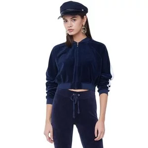 Velour Striped Sleeve Cropped Bomber Jacket