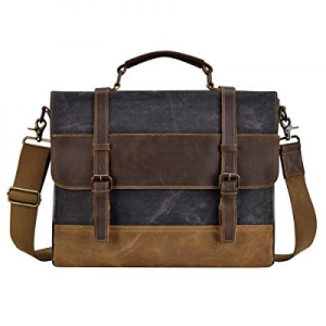 KOPACK Mens Messenger Bag 15.6 Inch Waterproof Genuine Leather Waxed Canvas Briefcase Vintage Leathe
