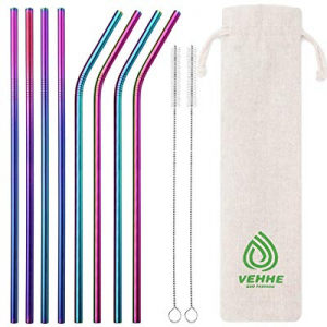 VEHHE Metal Straws Drinking Straws 10.5" Stainless Steel Straws Reusable 8 Set - Ultra Long Rainbow