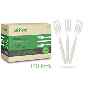 Delihom 140pc Large Compostable Fork Utensils – Eco Friendly Cutlery Durable and Heat Resistant Flat