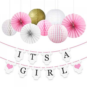 NICROLANDEE Girl Baby Shower Decorations - Gold White Paper Lanterns Love Heart It's a Girl String G