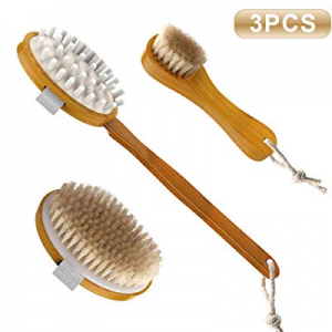 Dry Brushing Body Brush Set for Dry Skin Brushing & Exfoliating with Natural Bristles - Long Wooden