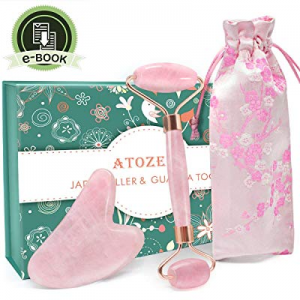 Rose Quartz Jade Roller for Face 2 in 1 Gua Sha Set, 100% Real Quartz Anti Aging Face Eye Neck Stone