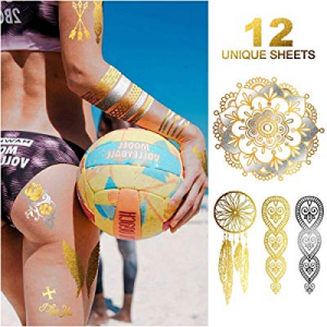 Temporary Tattoos, 12 Sheets Henna Tattoo Kit, 6 X Flash Metallic Tattoos for Women + 6 X White Henn