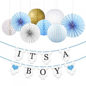 NICROLANDEE Gender Reveal Decorations for Boy - Gold White Paper Lantern Fan Tissue Honeycomb Ball a