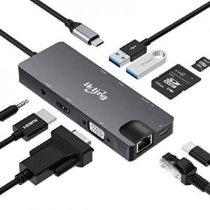 USB C Hub, 9 in 1 USB Type C Adapter with 4K USB C to HDMI, 1080P USB C to VGA, USB C PD Charging, 2