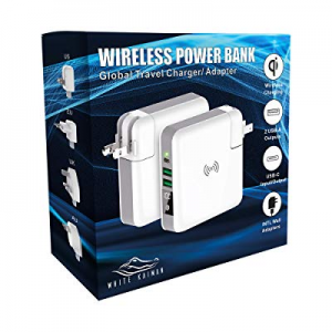 White Kaiman Global Travel Power Bank -External Wall Charger w/Qi Wireless Super Charging Pad Compat
