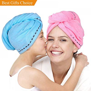 Microfiber Hair Towel Wrap 2 Pack -Hair Turban Head Wrap with Button, Quick Dry -Super Absorbent for