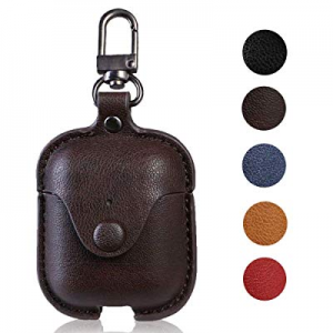 Leather Case for AirPods with Keychain, Yoelike Premium Leather Vintage Portable Shockproof Protecti