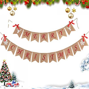 Merry Christmas Banner Decoration with Snowflake Reindeer Bow Ribbons Xmas Garlands Burlap Sign for