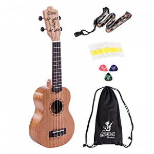 Alida Mahogany Soprano Ukulele For Beginner Bundle Kid Guitar included Carrying Bag, Strap, Spare St