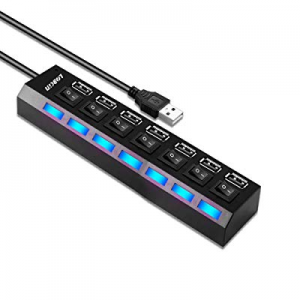 LOBKIN 7-Port USB 2.0 Hub with Separate Power Switch, LEDs and A USB Cable Compatible for All USB De