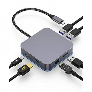 USB C Hub,6-in-1 Aluminum Type C Adapter with Gigabit Ethernet Port,4K HDMI Output, USB C Power Deli