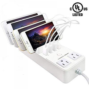 Charging Station USB Docking Station 4 USB Ports Charger 2 Outlet Surge Protectors Power for iPhone,