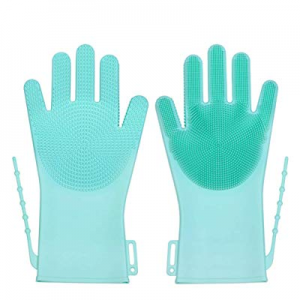 OHOCO Magic Silicone Dishwashing Gloves with Scrubbers - Slip Resistant Fingertips, Splashback Block