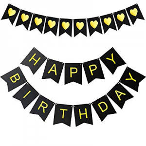 Mocoosy Happy Birthday Banner Black and Gold Glitter Heart Shaped Banner Birthday Sign for Party Dec