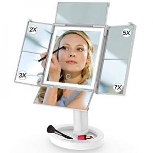 JAMIEWIN Lighted Vanity Makeup Mirror with 24 Led Lights and Quad-Folding 2X 3X 5X 7X Magnification