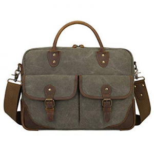 S-ZONE Vintage Canvas Leather Messenger Bag Briefcase 15.6-inch Laptop Tote Shoulder Bag (Army Green