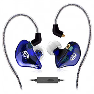 BASN Dual Driver in-Ear Monitor Headphones with Detachable MMCX Cable (with Mic, Blue)