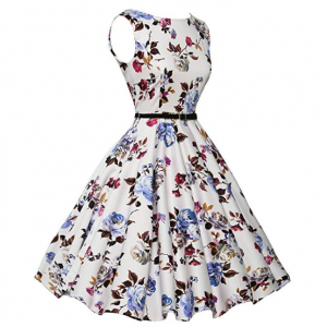 GRACE KARIN Sleeveless Vintage Floral Tea Dress with Belt - White Blue Size  XS
