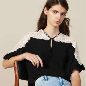 Sandro Paris 蕾丝拼接荷叶袖上衣