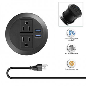Desk Power Grommet with USB (4 Amp), Recessed Power Strip Socket, Fits 3 1/8" Grommet Hole, Plug in 