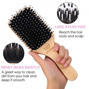 Hair Brush, Natural Boar Bristle Hair Brush Great for Men Women, Wooden Paddle Hairbrush with Nylon 