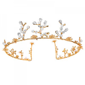 S SNUOY Gold Tiara and Crown Pearl Rhinestone Headband Bridal Wedding Hair Accessories