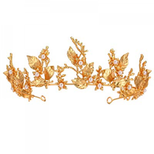 S SNUOY Gold Bridal Crown Pearl Tiaras Headband Flower Leaf Hairband Women Wedding Prom Hair Jewelry