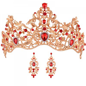 SSNUOY Vintage Gold Bridal Tiara and Earrings Sets Red Rhinestone Headband Wedding Prom Jewelry Set