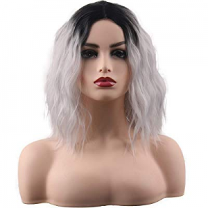 Wavy Bob Hair Dark Rooted Grey Syntheic Wigs for Women Shoulder Length 13 inches Wavy Amine Wigs wit