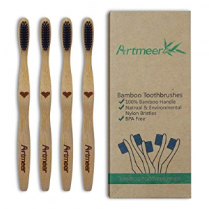 Bamboo Toothbrush Biodegradable Toothbrush with Charcoal Infused and Medium Bristles (4 pack)