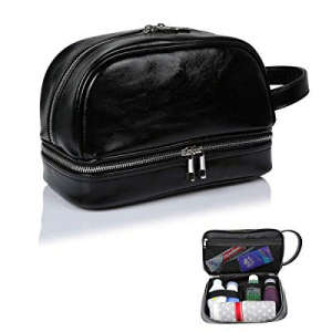 Toiletry Bag for Men or Women, PU Leather Shaving Dopp Kit Travel Case, Double-Layer Cosmetic Organi
