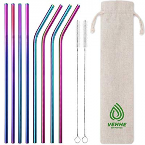 VEHHE Metal Straws Stainless Steel Straws 8 Set Reusable Drinking Rainbow Straws with Cleaning Brush