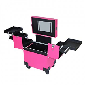 Lovinland Train Case, Portable Aluminum Cosmetic Makeup Case Tattoo Box with PVC Mirror Pink